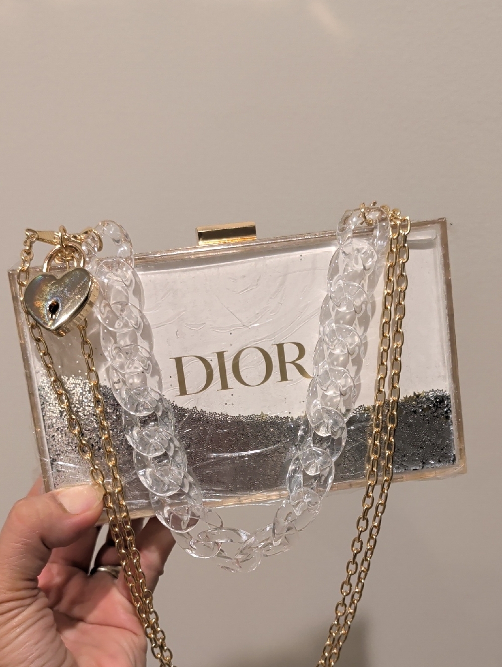 Clear Upcycled Acrylic Liquid Glitter Clutch with Chain